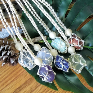 Macrame Crystal Necklace with Tumbled Stone - Natural